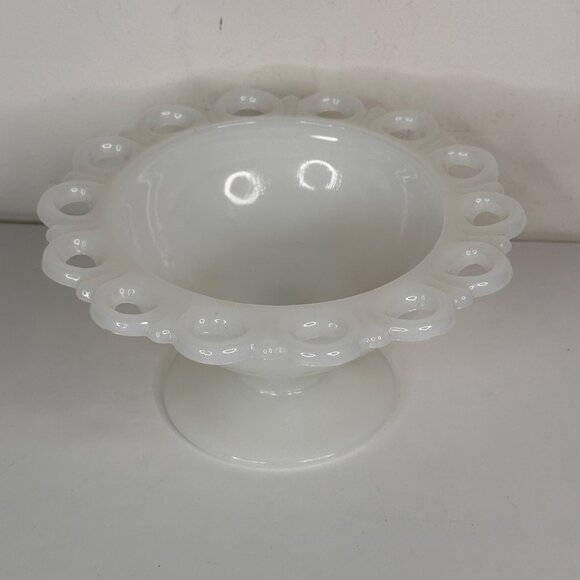Vintage White Milk Glass Pedestal Bowl With Decorative Lace Edge Design - Picture 1 of 7